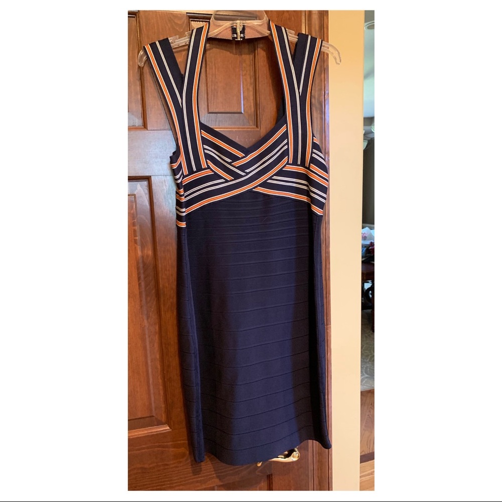 Navy Blue and Orange accent stripe Guess bodycon dress